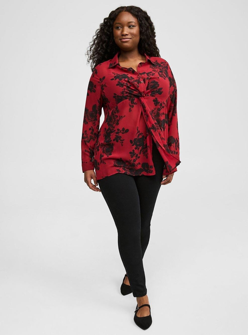 Torrid Chiffon Twist Front Tunic Blouse Red Floral Button Up Long Sleeve Sz 3